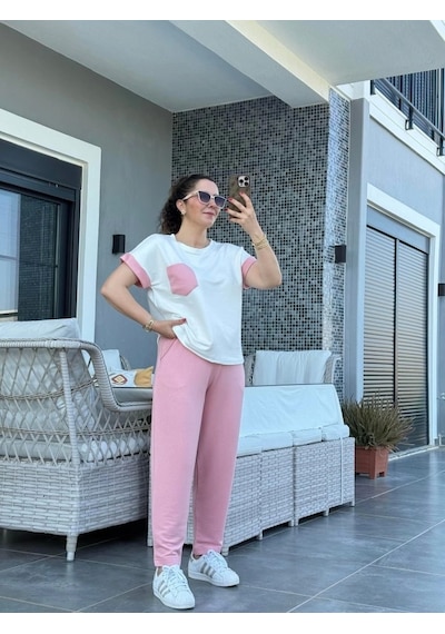 Defymoda Kadın Kristal Kumaş Garnili Cep Detaylı Ikili Takım Pembe