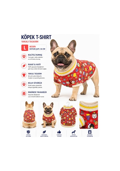 Köpek Sweatshirt L Beden Boyun Çapı 36 Cm Desenli Yüksek Yaka Kolsuz - Kırmızı