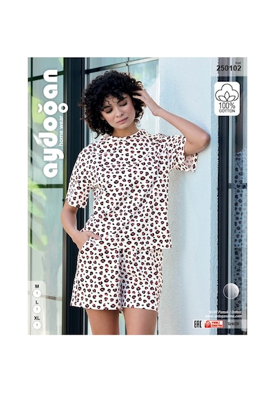 Aydoğan Kadın %100 Pamuk Leopar Desenli Krem Kısa Kollu Şortlu Pijama Takımı