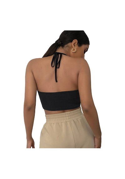 Liona Kadın Boyundan Bağlamalı Siyah Renk Crop Top Bluz 001