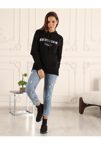 Siyah Renk Baskı Detaylı Unisex Sweatshirt Siyah