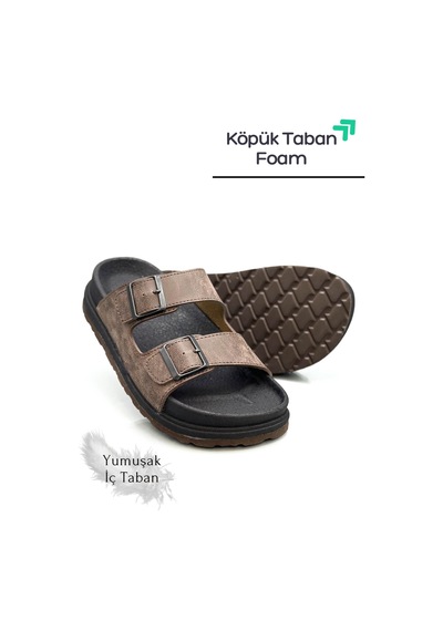 Sermoda Çift Toka Ayarlanabilir Genişlik Köpük Taban Rahat Deri Erkek Terlik Kahve