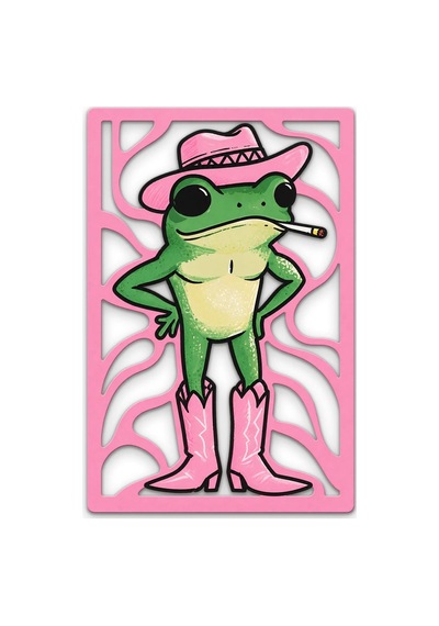 Pembe Kovboy Şapkalı Kurbağa Metal Tablo 63x95 Cm Çok Renkli