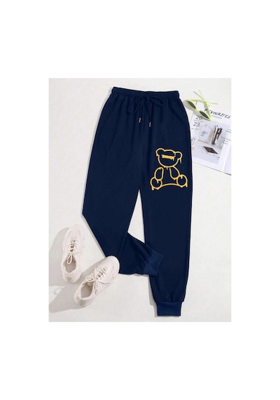 Tarzsokak Bear Print Drawstring Waist 4 Mevsim Eşofman Lacivert