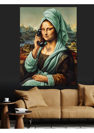 Ahşap Tablo Telefonla Konuşan Mona Lisa