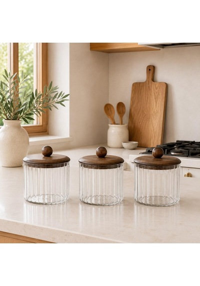 3'lü Set 750 Ml Akasya Kapaklı Çizgili Cam Kavanoz Seti Kahve Çay Şeker Kuruyemiş Saklama Kabı Çok Renkli