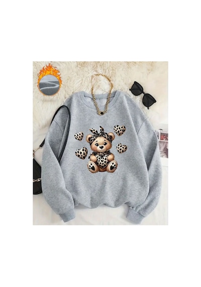 Herkesemoda Sevimli Ayıcık Baskı Detaylı Bisiklet Yaka Sweatshirt Gri