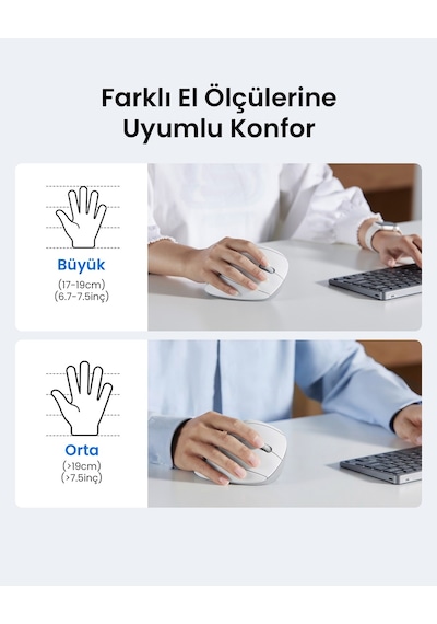 Ugreen Dikey Ergonomik Kablosuz Mouse, Bluetooth & 2.4ghz, 4000 Dpi, Beyaz Pilli , 95902b Standart