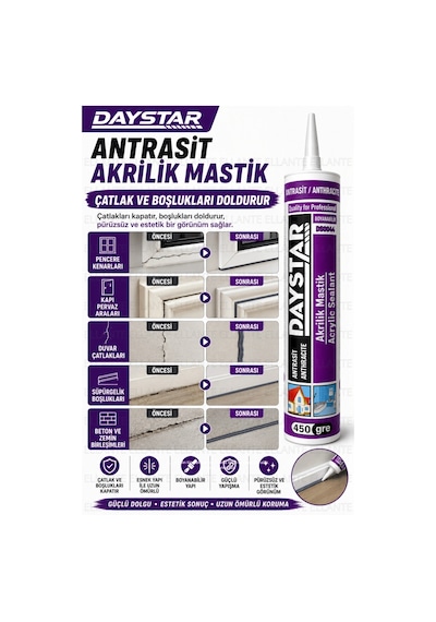 Daystar Antrasit Akrilik Mastik 450 Gr Boyanabilir Çatlak Ve Boşluk Dolgu Malzemesi Güçlü Yapışma Çok Renkli