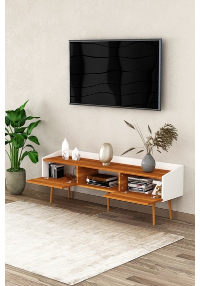 Asra Trend Tv Ünitesi Tv Sehpası T-28 %100 MDF Ayaklı Modern Medya Ünitesi Beyaz - Petra