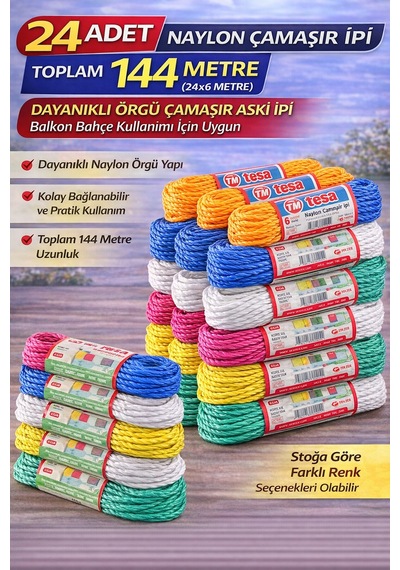 24 Adet Naylon Çamaşır İpi 6 Metre Dayanıklı Örgü Çamaşır Askı İpi Toplam 144 Metre Beyaz - Siyah