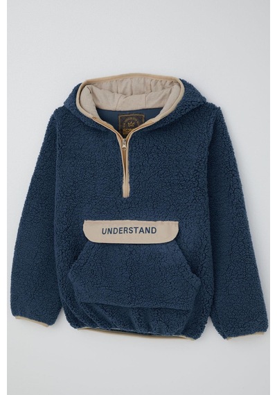Reycan Erkek Çocuk Peluş Sweatshirt Kapüşonlu Kanguru Cepli 5-8 Yaş, İndigo Indigo