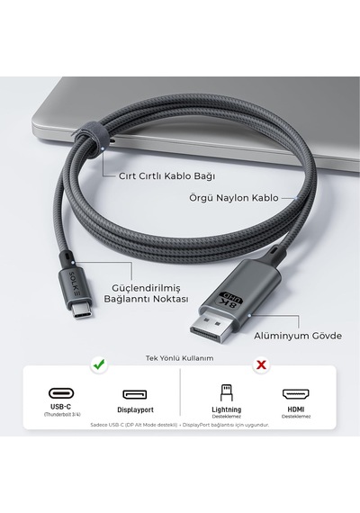 Usb-c To Displayport 1.4 Kablo 2 Metre 8k 60hz 4k 144hz 2k 240hz Type-c To Dp Monitör Kablosu T Standart