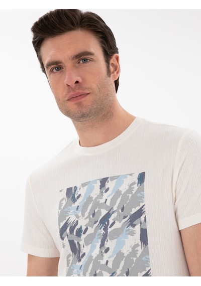 Beyaz Slim Fit Bisiklet Yaka Baskılı T-shirt