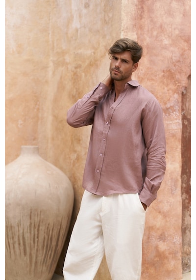 Mai Collection Mai Studios Co. Agnola Oversize Erkek Açık Bordo Keten Gömlek Açık Bordo