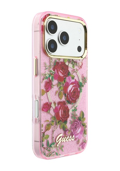 Apple iPhone 18 Pro Uyumlu Kılıf Guess Lisanslı M-safeli Gül Desenli Simli Yazı Logolu Kapak Pembe