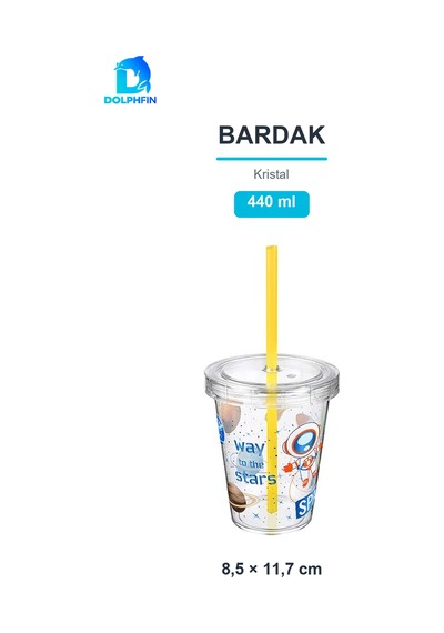 Kristal Pipetli Bardak 440 Ml Kapaklı İçecek Bardağı Çok Renkli