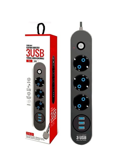 Çoklu 3'lü Priz Akım Korumalı 3xusb 10a 2500 Watt 2 Metre Uzatma Diğer