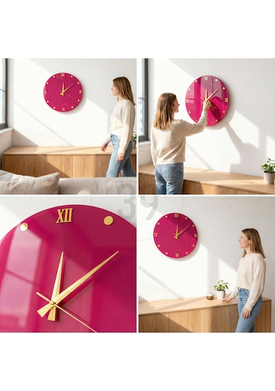 Dekoratif Epoksi Duvar Saati 40 Cm, Fuşya Pembe Modern Tasarım, Altın Detaylı, Sessiz Mekanizma, Yeni Ev Hediyesi Pembe