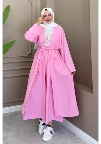 Balenbi Kadın Kuşaklı Kimono Hırka Bol Paça Pantolon Takım Tesettür 2'li Kombin 1230 Pembe Balenbi Kadın Kuşaklı Kimono Hırka Bol Paça Pantolon Takım Tesettür 2'li Kombin 1230 Pembe