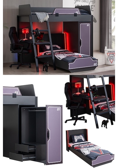 Ranzalı Oyuncu Odası, Gamer Ranza Ledli Karyola Masa Dolap 90 X 190 CM