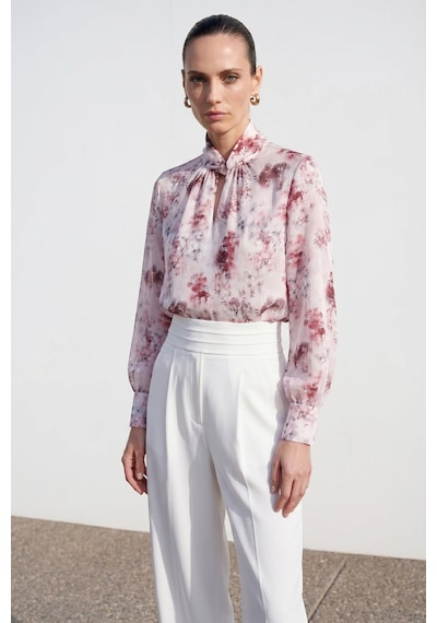 Sateen Çiçek Desenli Bluz - Mürdüm-137403