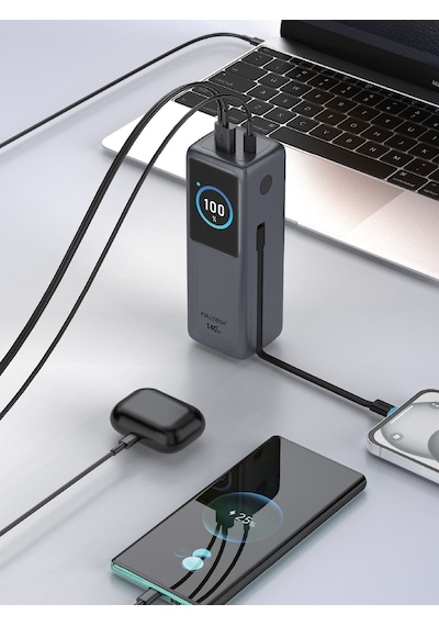Fulltech Fp34 140w 30.000mah Akıllı Ekranlı Hızlı Şarj Powerbank 2xusb-c & Dahili Kablo 4 Cihaz Siyah