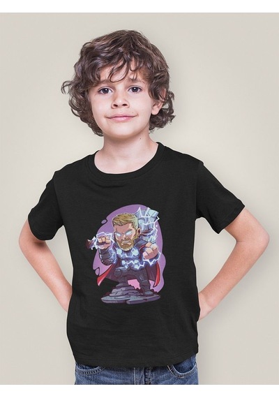 Sevbano Tasarım Thor Baskılı Unisex Yenilmezler Film Çocuk Tişört 1-12 Y SIYAH
