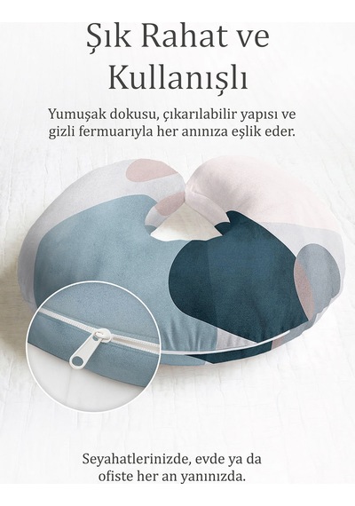 Soyut Geometrik Desenli Ergonomik Boyun Yastığı - Modern Pastel Mavi Pembe Seyahat Yastığı Metalik Orman Krem Bej