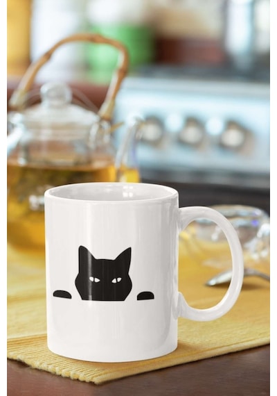 Siyah Kedi Baskılı Porselen Kupa Bardak Beyaz