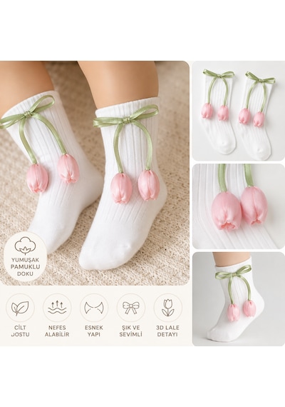Cantoy Kız Bebek Lale Detaylı Pamuklu Soket Çorap Premium Kalite 2/5 Yaş Pembe