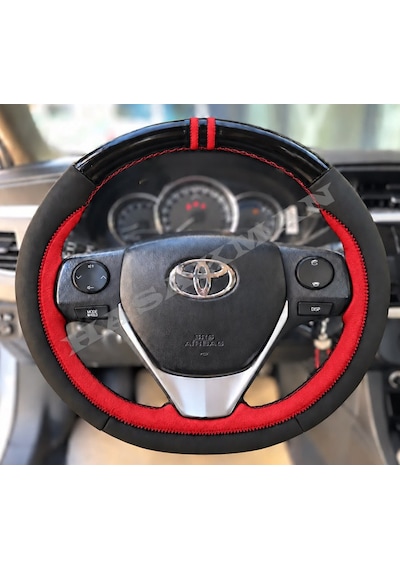Toyota Prius Xw30 Dikme Direksiyon Kılıfı Parlak Siyah Kırmızı Detaylı Kırmızı Çift Yüzük Ve Dikiş 2012-2015