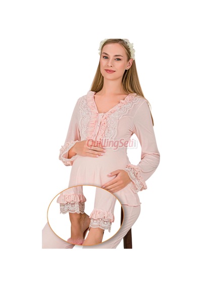 Lady Bebe Pembe Renkli Dantel Detaylı 33208 Uzun Kol 2 Parça Lohusa Hamile Pijama Takımı Açık Pembe