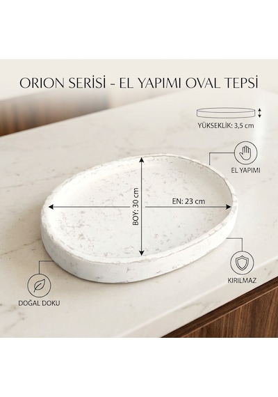 Orion Serisi El Yapımı Kırılmaz Oval Sunum Tepsisi 23x30 Cm - Eskitme Beyaz