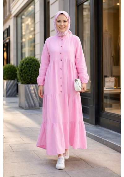 Hb Harma Time Butik Kadın Düğmeli Kat Detaylı Keten Pembe Elbise Pembe Pembe