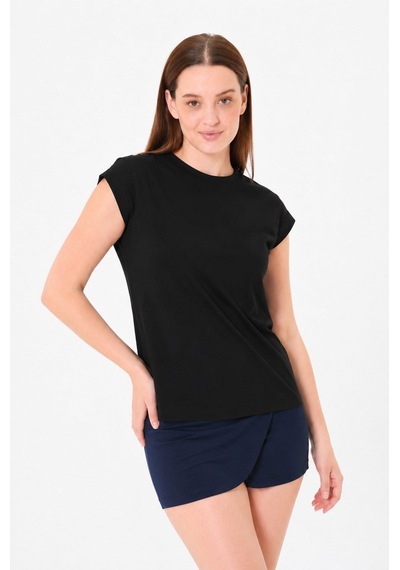 Sortie Collection Düşük Kollu Rahat Kesim Pamuklu Basic Tshirt Siyah
