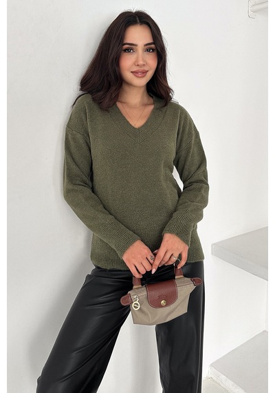 Noa & Noa Kadın V Yaka Triko Kazak Cozy Neutral Yeşil