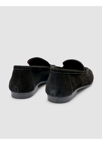 %100 Hakiki Deri Siyah Süet Kadın Loafer Siyah