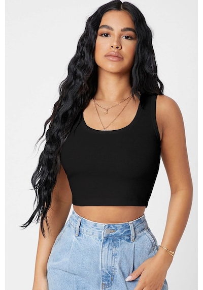 Angbutik Kadın Siyah Kare Yaka Crop Top Bluz