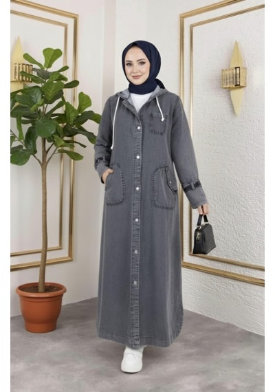 Hb Harma Time Butik Kadın Cepli Düğmeli Kapüşonlu Denim Koyu Gri Trençkot