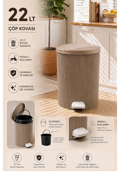 Porsima 0707-2 Still Mokka 22 Litre Pedallı İç Kovalı Yuvarlak Mutfak & Banyo Çöp Kovası Yok