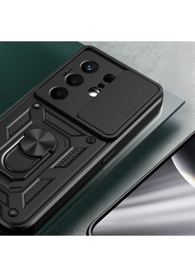 Tecno Camon 50 Kılıf Magnetik Standlı Kamera Korumalı Zore Sürgülü Vega Kapak - Siyah