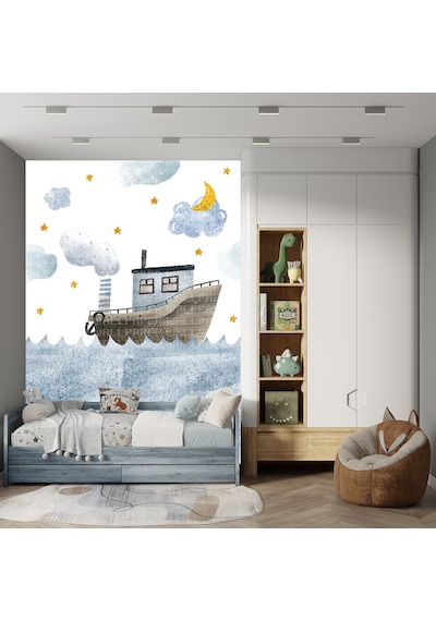 Dalgalı Denizde Gemi Ve Ay Çocuk Odası Poster Duvar Kağıdı