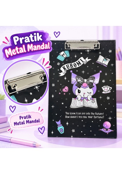 Bakgelal Kuromi Fal Ve Büyü Temalı Siyah Metal Mandal Klipsli Sekreterlik Ve Bloknot Altlığı A4 Uyumlu - 9065500888634