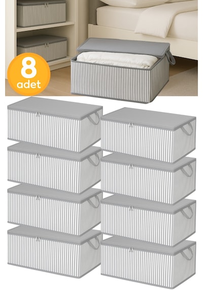 Serstil 8 Adet - Antrasit Çizgili Büyük Boy Baza Altı Ve Çekyat Tipi Hurç 65 X 45 X 22 Cm Gri