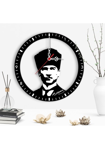 Dekoratif Atatürk Tasarımlı Ahşap Duvar Saati - 5 Beyaz - Siyah