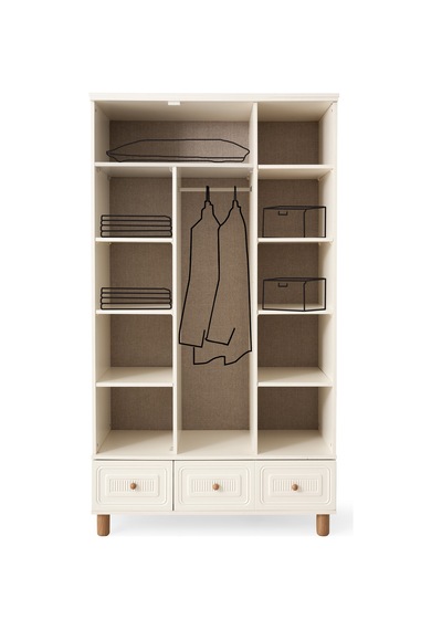 Lagos 3 Kapaklı %100 Mdf Elbise Dolabı Gardrop 117x54x212 Ekru
