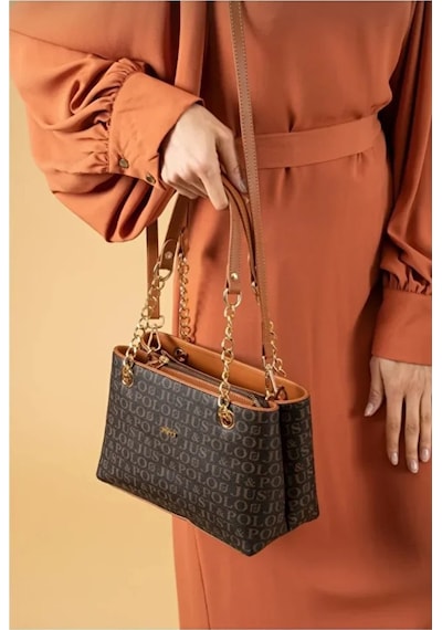 Just Polo Orijinal Kadın 3 Bölmeli Zincir Detaylı Ayarlanabilir Askılı Lüks El & Omuz Çantası Shoulder Bag Kahverengi - Taba