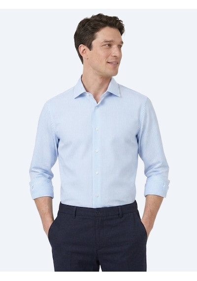 Kip Açık Mavi Çizgili Regular Fit Uzun Dokuma Casual Pamuk Karışımlı Gömlek