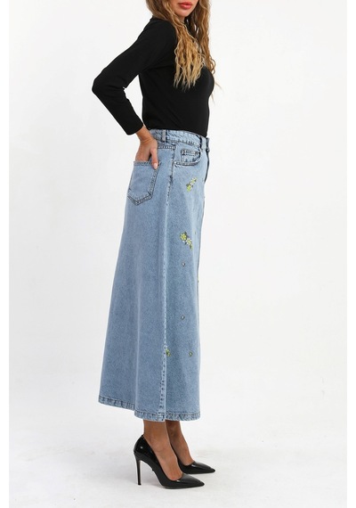 Çiçekli Nakış Detaylı Uzun Denim Etek- Mavi Çok Renkli